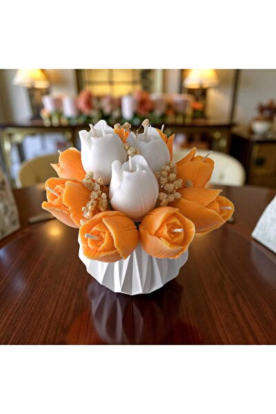 MODA Turuncu Beyaz Lale Vazo Mum | Kokulu Soya Wax El Yapımı | Taş Tozu Dekor