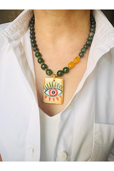 DEVİ fashion Natural Stone Design Necklace with Ceramic End 47 cm