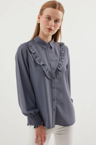 nedo7 20223 Ruffled Long Sleeve Shirt - Gray