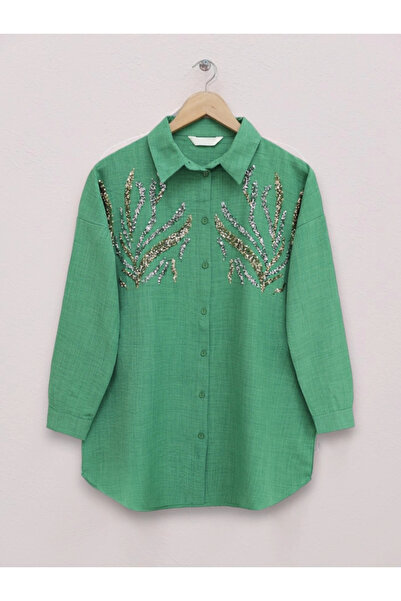 nedo7 Long Shirt with Sequins on the Front - Forest Green.