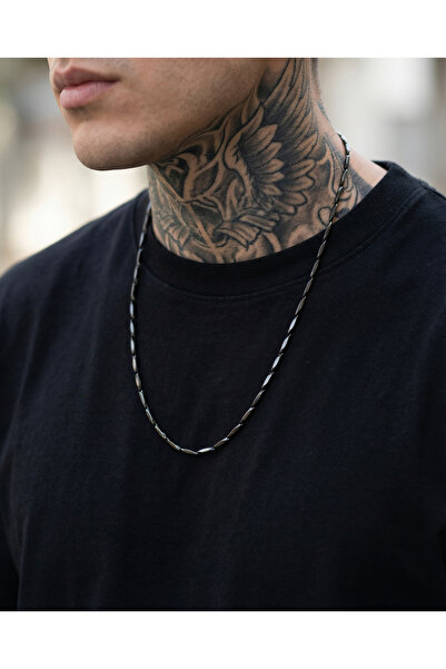 Mishy Erkek Siyah İnce Zincir Kolye Hematit Taşlı Modern Tasarım