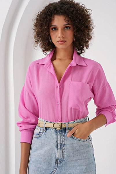 nedo7 20153 single pocket Oversized linen shirt - pink