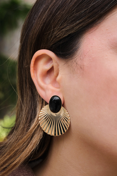 ByFlorya Jewelry Vip Plate Black Stone Earrings Steel Tip Metal Earrings 4.5cm