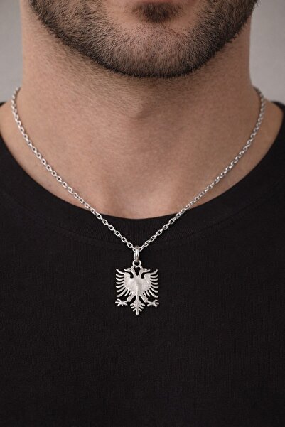 G Lady Çift Başlı Kartal Arnavutluk Sembolü Gümüş Renk Çelik Erkek Kolye