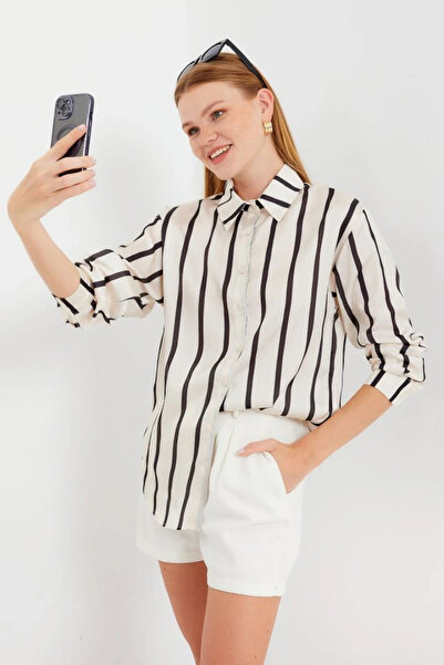 nedo7 3964 Striped Lightly Flowing Satin Shirt - F. Black
