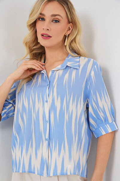 nedo7 Patterned Short Sleeve Crop Shirt 20337 - Blue