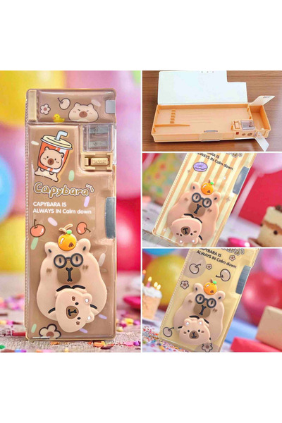 NaSaDAN Kapibara Desenli Kalem Kutusu Çok Bölmeli Mekanizmalı Kırtasiye Organ...