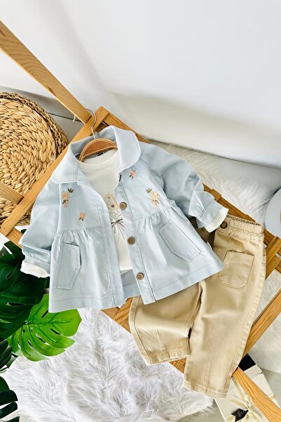 Minigimin Cicileri My Little One's Trench Coat with Flower Embroidery Detail,...
