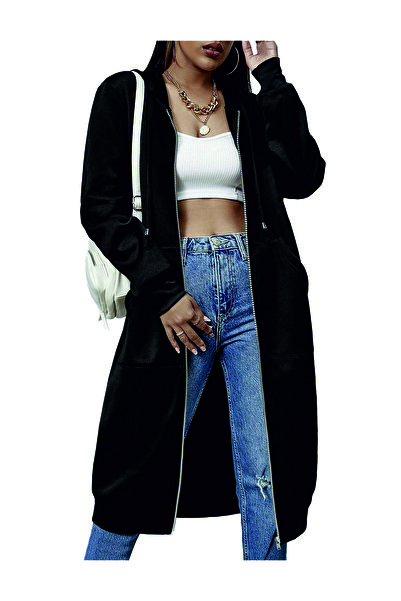 HOFFNUNG 3Iplik Daily Hooded Zip-Up Sweatshirt Solid Color Long Hoodie Dress