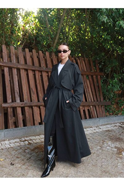 SPICA STORE Antrasit Pamuklu Uzun Kuşaklı Oversıze Trençkot