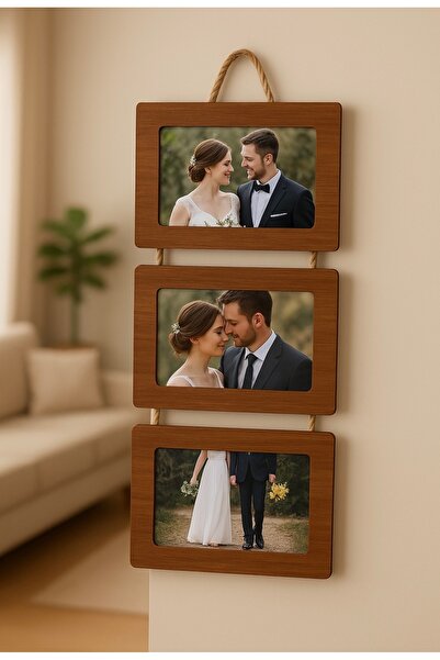 noak Ahşap 10x15 Cm 3’lü İpli Çerçeve Kahverengi yatay fotoğraf çerçevesi