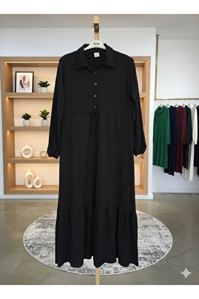 fariza tekstil Yarım düğmeli beli büzgü detaylı kışlık tesettür elbise
