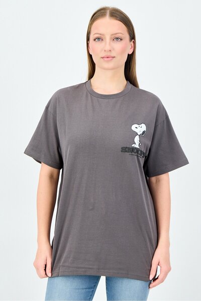 PEANUTS Snoopy Women Crew Neck Short Sleeve Graphic Print T-Shirt, Charcoal Grey