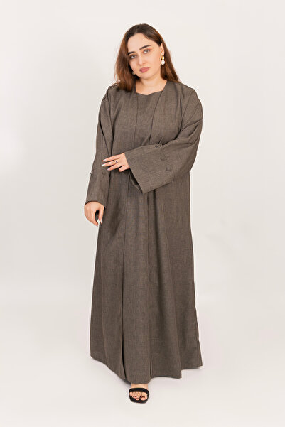 LINELLE Brown Abaya Women – Textured Fabric, 2-Piece Inner & Coat Style