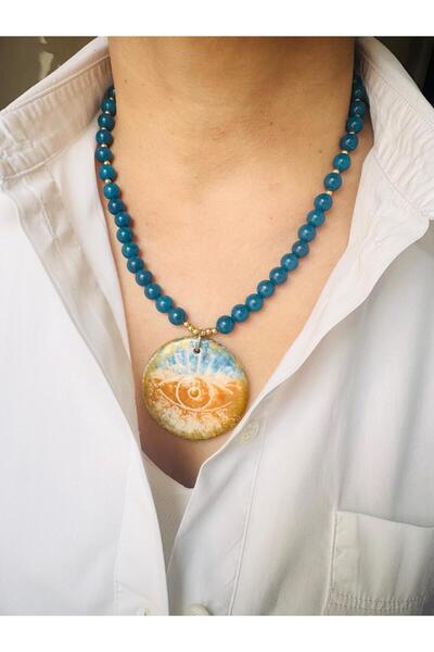 DEVİ fashion Natural Stone Design Necklace with Ceramic Eye End 48 cm