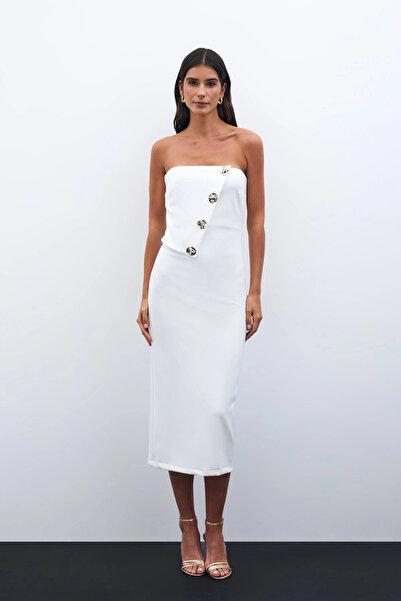 Sateen Φόρεμα Στράπλες με Αξεσουάρ Κουμπιών - Εκρού