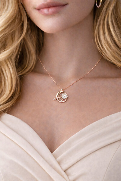 Soleildor Doğum Taşlı Güneş ve Ay Gümüş Kolye