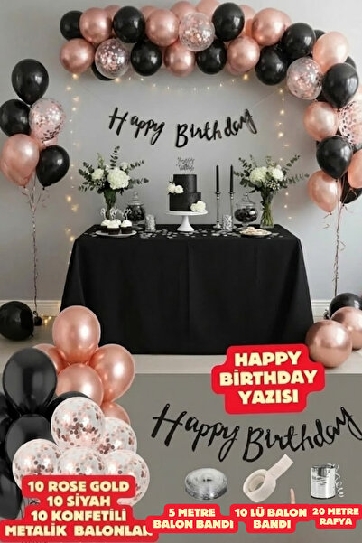 Baloncu Nene Black Happy Birthday Lettering 10 Black 10 Rose Gold 10 Confetti...