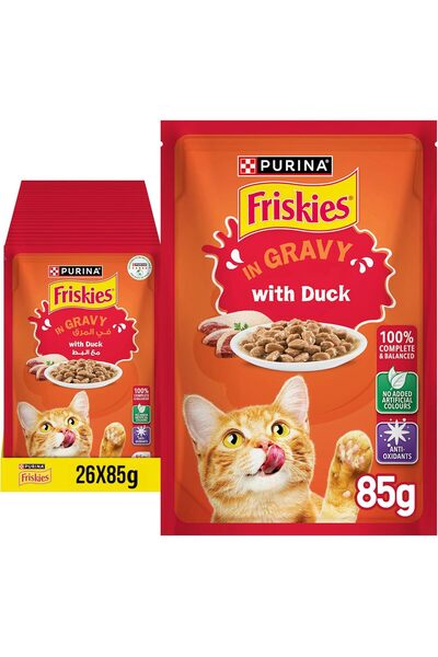 Purina One Purina Friskies Wet Cat Food Pouch Duck in Gravy, 85g, Pack of 26