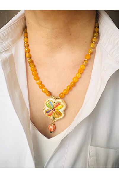 DEVİ fashion Natural Stone Design Necklace with Ceramic Clover End 48 cm