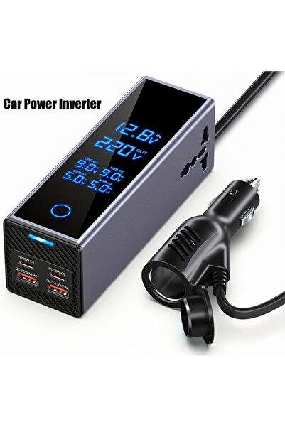 Car Inverter 7-Port Car Power Inverter 12V to 220V with LCD, Dual AC, USB & T...