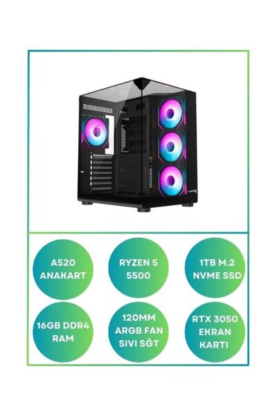 RAMTECH BİLGİSAYAR RONG X40 Ryzen 5 5500 Rtx 3050 16GB Ram 1Tb M.2 Sıvı Soğut...