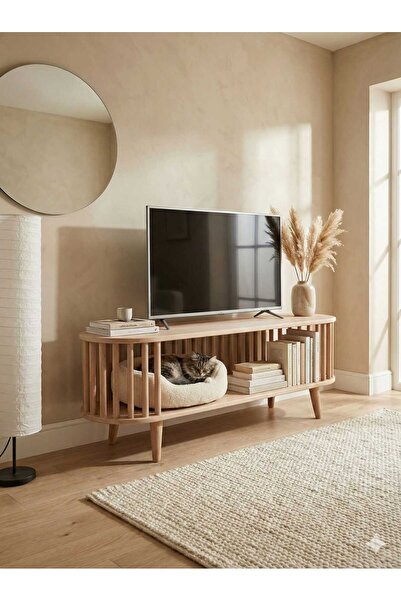 Atolyeulusoy - Woodwork Modern Ahşap Tv Ünitesi – Açık Raflı, Kitaplıklı, Dek...