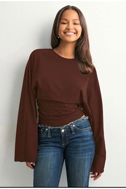 İsvetButik Kahverengi Yarasa Kol Detaylı Crop Bluz