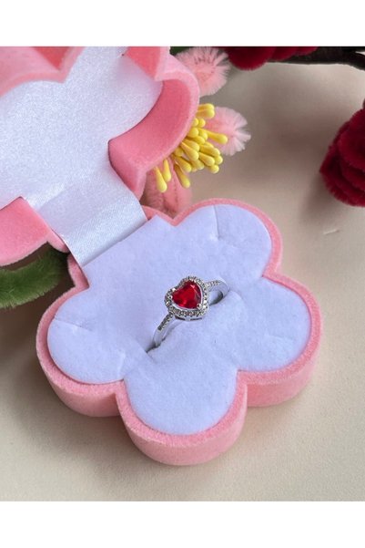 BURÇİN AKSESUAR Red Zircon Stone Steel Heart Ring, Silver Color Heart Ring, A...