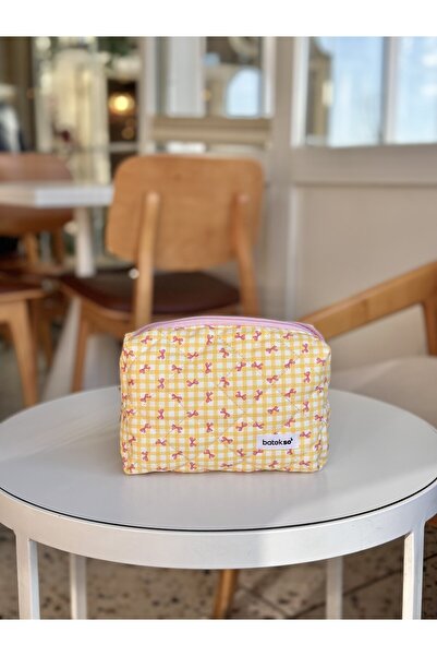 Batekso Sarı Pötikare Kurdele Desenli Makyaj Çantası - Büyük Boy