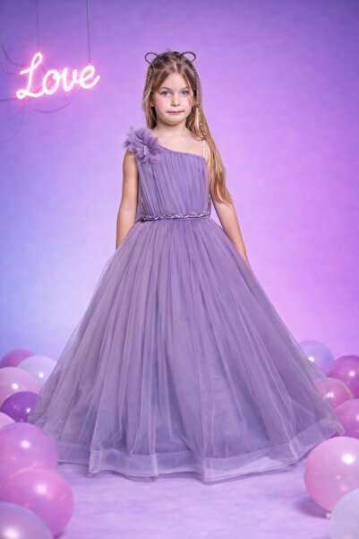 Rüyam Çocuk Giyim Kız Çocuk Lila Tek Omuz Tül Abiye Elbise