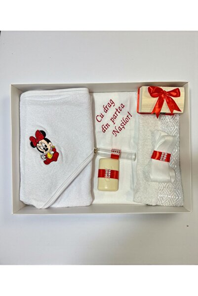 Botez Trusou Minnie Mouse - rosu, 7 piese, in cutie, bumbac, cu mesajul "Cu d...