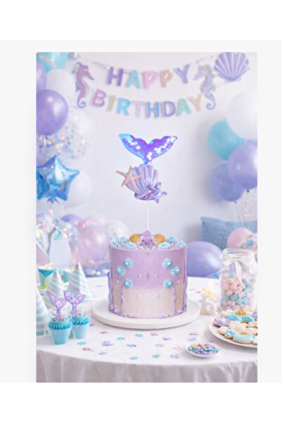 Partifabrik Pasta Üstü Çubuklu Deniz Kızı Model Pullu Mor Lila Renk