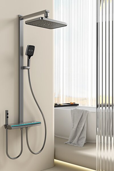 Konk Tools Lüks Dijital Ekranlı Duş Seti - Termostatik Gri Yağmurlama Sisteml...