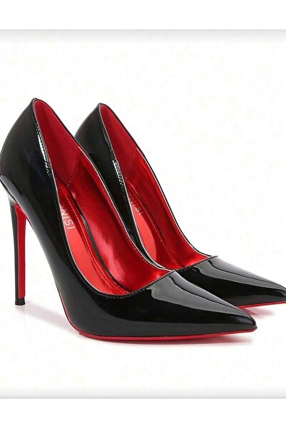 ELEVAM Women's Black Patent Leather Sole Red Heeled Stiletto Model Heeled Shoes