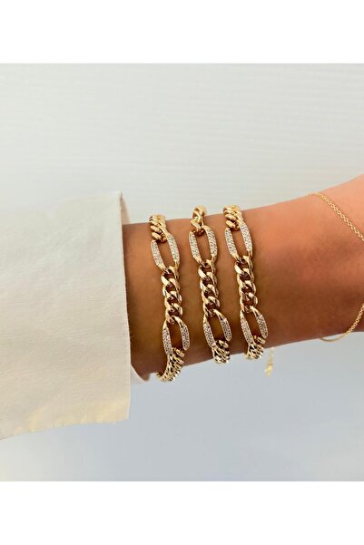 Ceso Accesories Kadın Gold Figaro Zincir Bileklik Taş Detaylı 14K Gold Kaplama