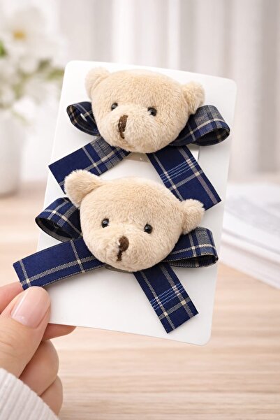 LİNACO 2'li Paket Sevimli Ekose Kurdeleli Ayı Saç Tokası