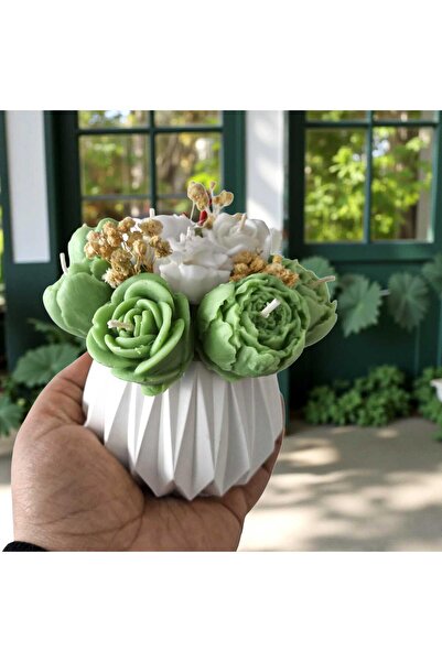 MODA El Yapımı Yeşil Çiçek Buketi Mum | Taş Tozu Vazolu | Kokulu Soya Wax