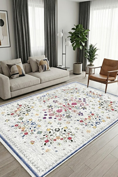 CENTER AVM Çiçekli Halı Salon Halısı Makinede Yıkanabilir Halı Kaymaz Taban Halı