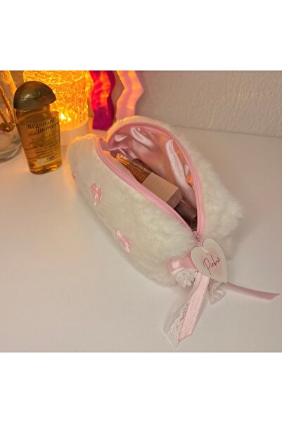 PİNKUE Pembe Fiyonk Detaylı Peluş Bakım Çantası/ Makyaj Çantası/ Kalemlik