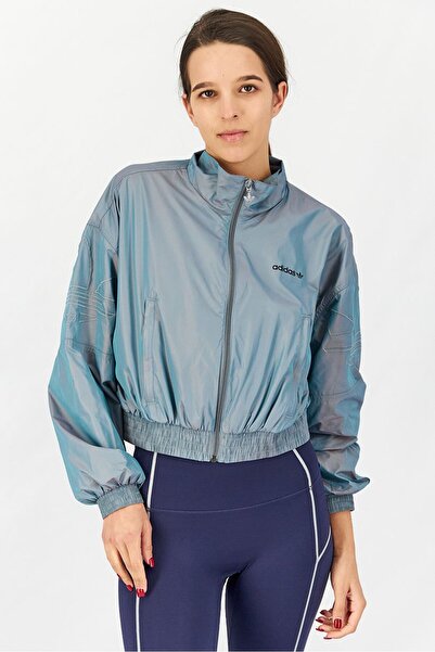 adidas سترة رياضية نسائية بشعار العلامة التجارية للتدريب، رمادي لامع