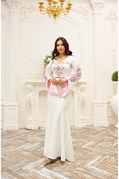 DADO BELLA Beyaz Konik Taş İşlemeli Balık Kesim V Yaka İspanyol Kol Uzun Abiye