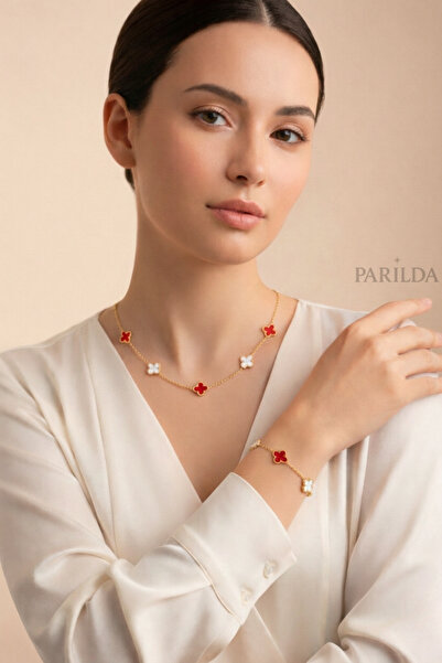 Parılda Yonca Model Kadın (Kolye & Bileklik) Seti - (Kırmızı & Beyaz Yonca) -...