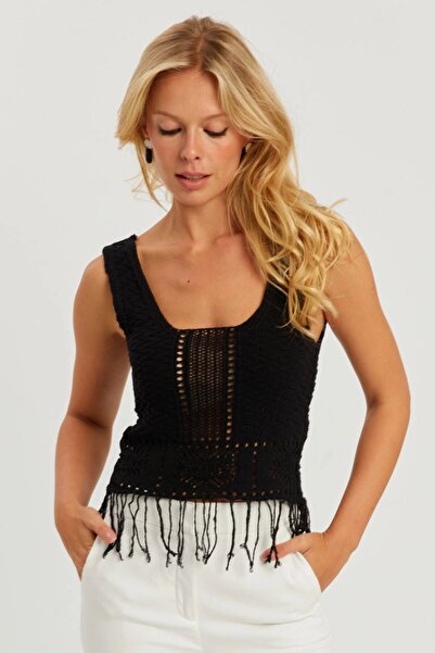 Be Best Women's Black Lace-Like Knit Tassels Knitwear Blouse Be332