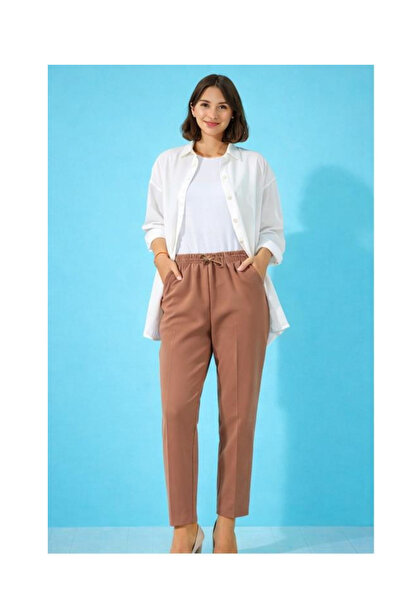 AYHAN AYDIN Women's Biscuit Color Elastic Waist Ankle Length Double Fabric Pants