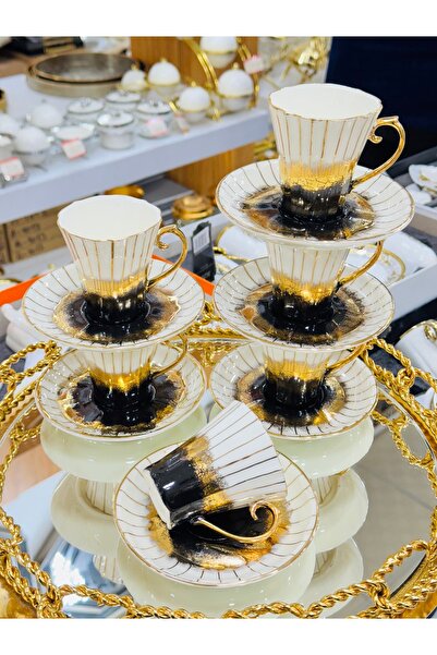 EVRA 6 Kişilik 24K Altın Yaldızlı Yeni El Boyaması Kahve Fincan Takımı m21