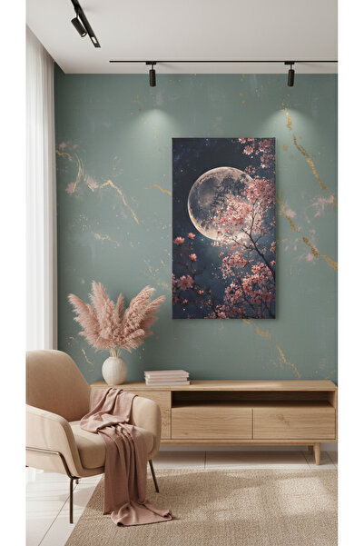 YTD ART DESİGN Sakura Çiçeği ve Dolunay Temalı Kanvas Tablo Dikey Tasarım