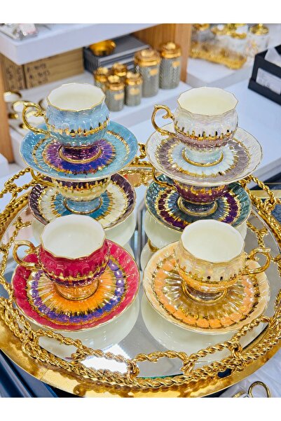 EVRA 6 Kişilik 24K Altın Yaldızlı Yeni El Boyaması Kahve Fincan Takımı m26