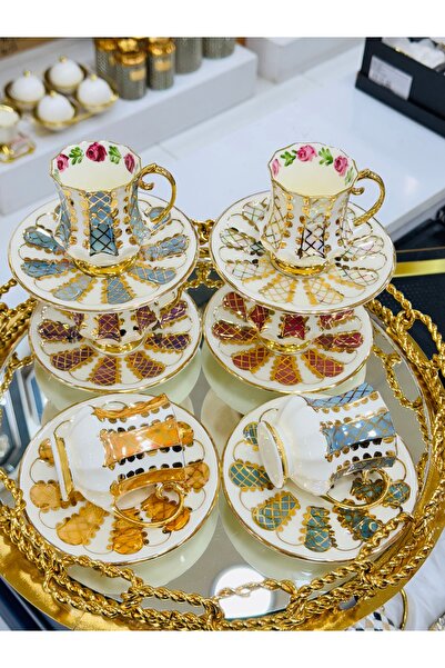 EVRA 6 Kişilik 24K Altın Yaldızlı Yeni El Boyaması Kahve Fincan Takımı m24