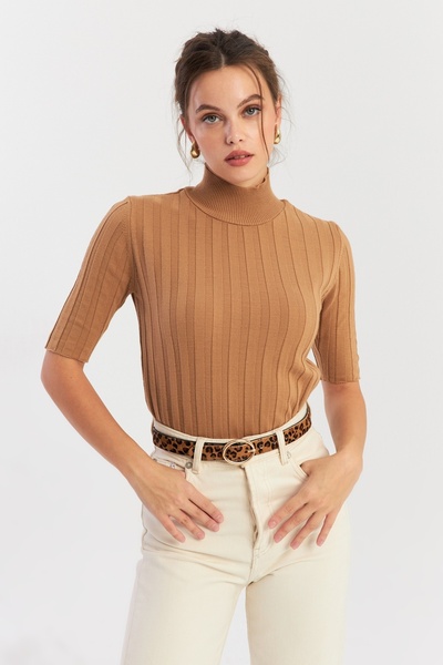 Be Best Women's Camel Half Fisherman Knitwear Blouse Be340